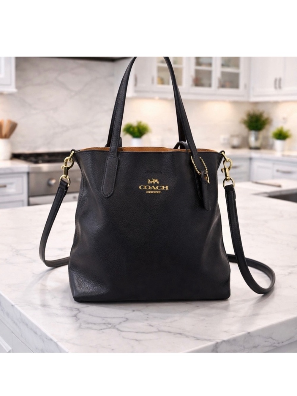 Coach Black Pebbled Leather Tote with Gold Logo and Removable Strap